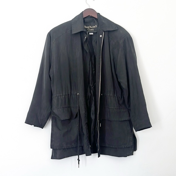 Vintage Anne Klein Silk Utility Trench Coat Jacket - Picture 1 of 6
